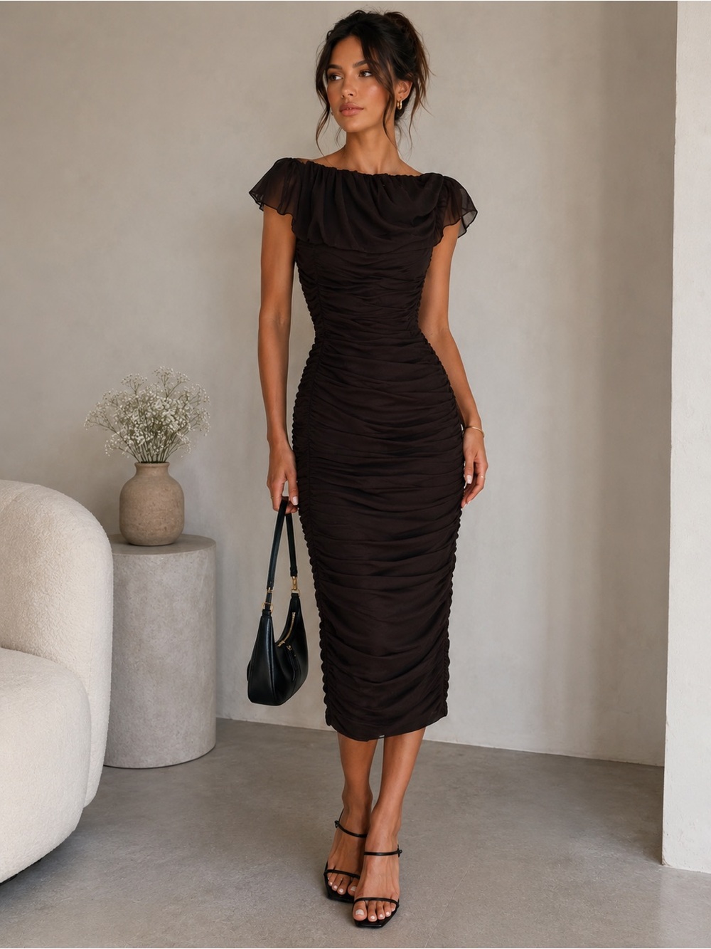 Torn by Ronny Kobo Ruched Off-Shoulder Midi Dress in Brown